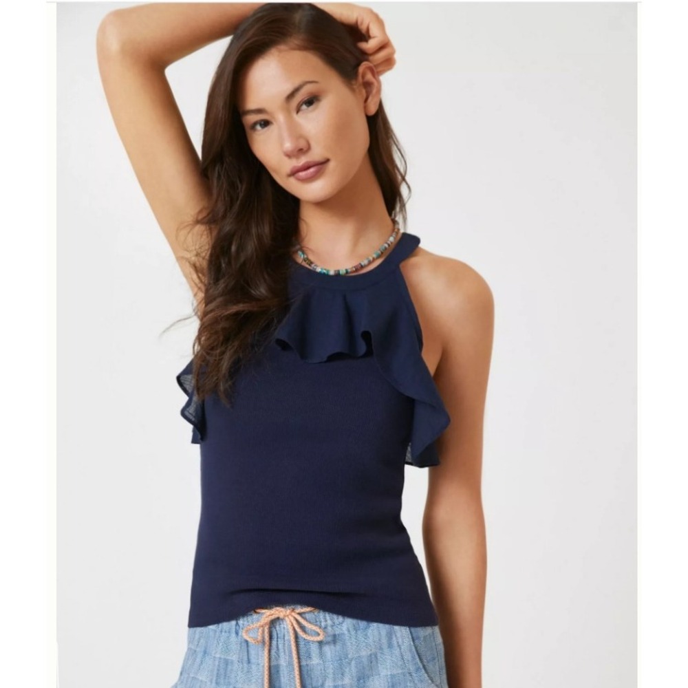 Maeve by Anthropologie Ruffled Rib Halter Tank Navy Women's Small